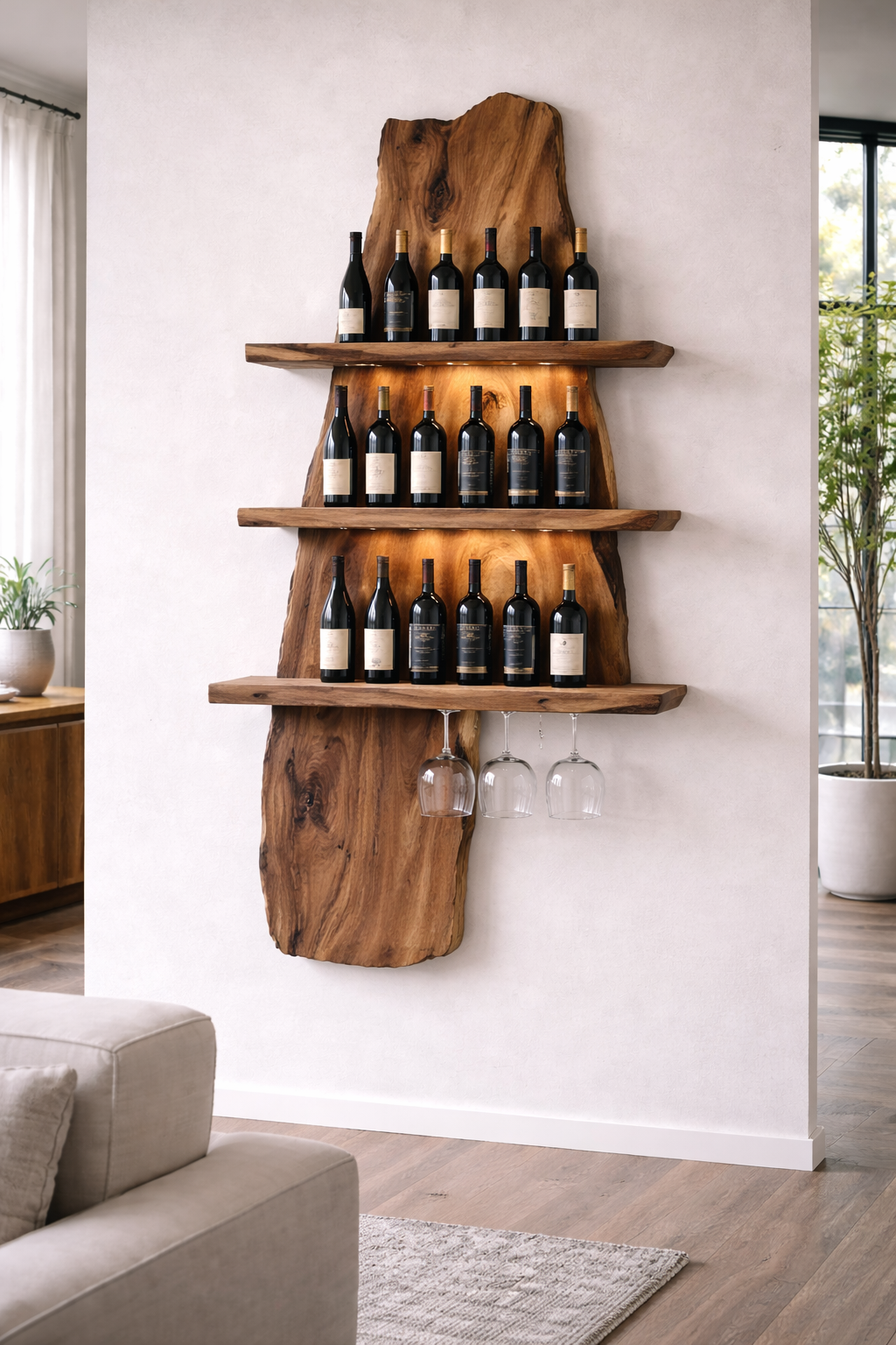 Live edge walnut wine rack with horizontal bottle shelves and stemware storage