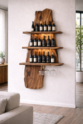 Live edge walnut wine rack with horizontal bottle shelves and stemware storage