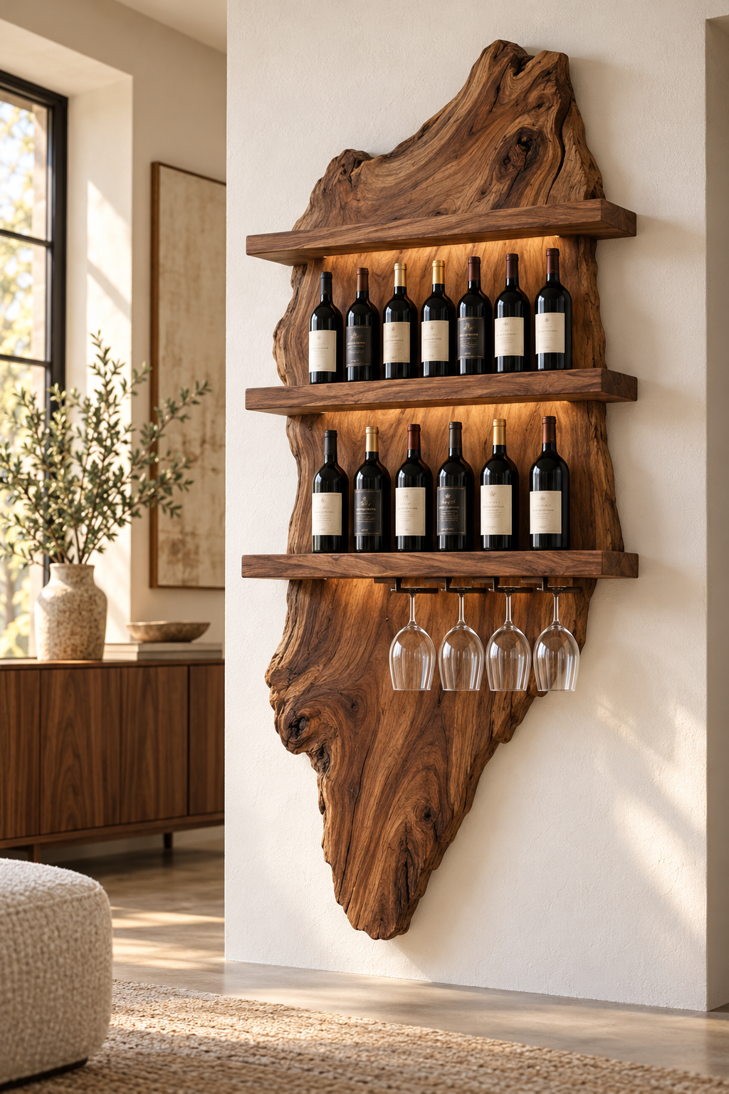 Three shelf walnut live edge wine rack with hanging glasses in a bright living room