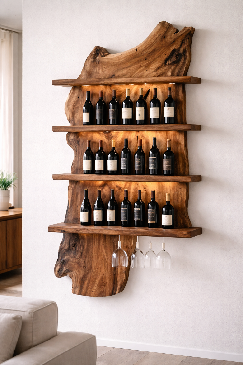 Three tier walnut live edge wall wine rack with upright bottles and hanging wine glasses in a modern dining room