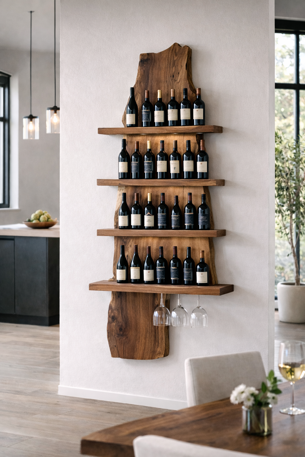 Walnut slab wine display with upright bottles on three shelves and wine glasses hanging below