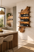 Vertical walnut wine display with three bottle shelves on a pale kitchen wall