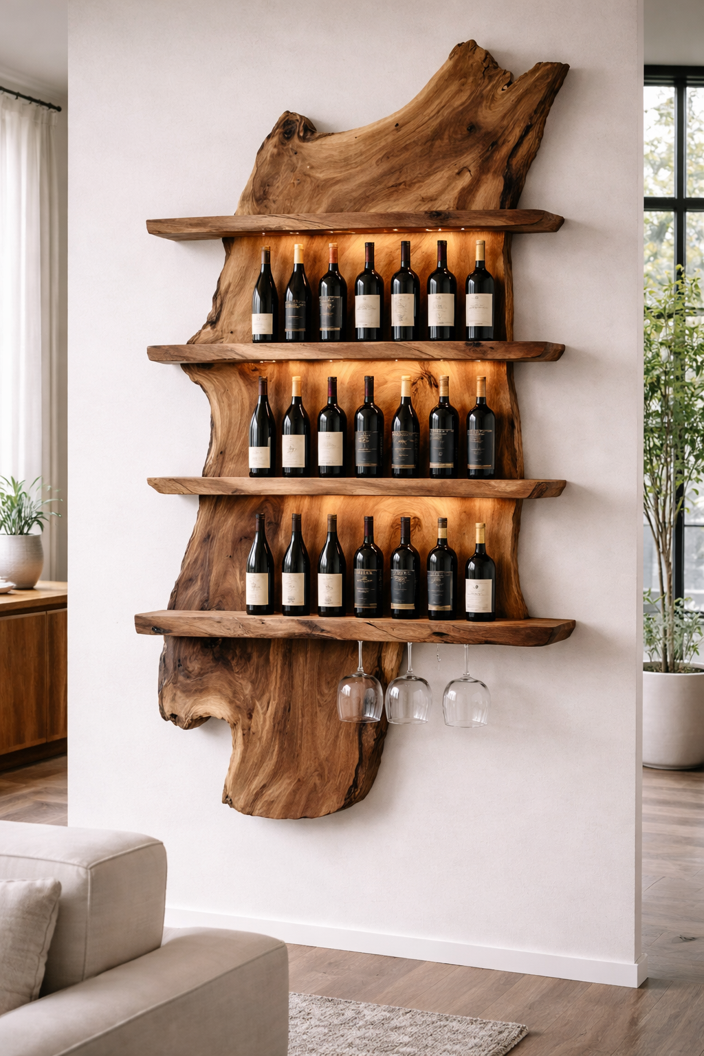 Natural edge walnut wall wine rack with three bottle shelves styled in a light kitchen interior