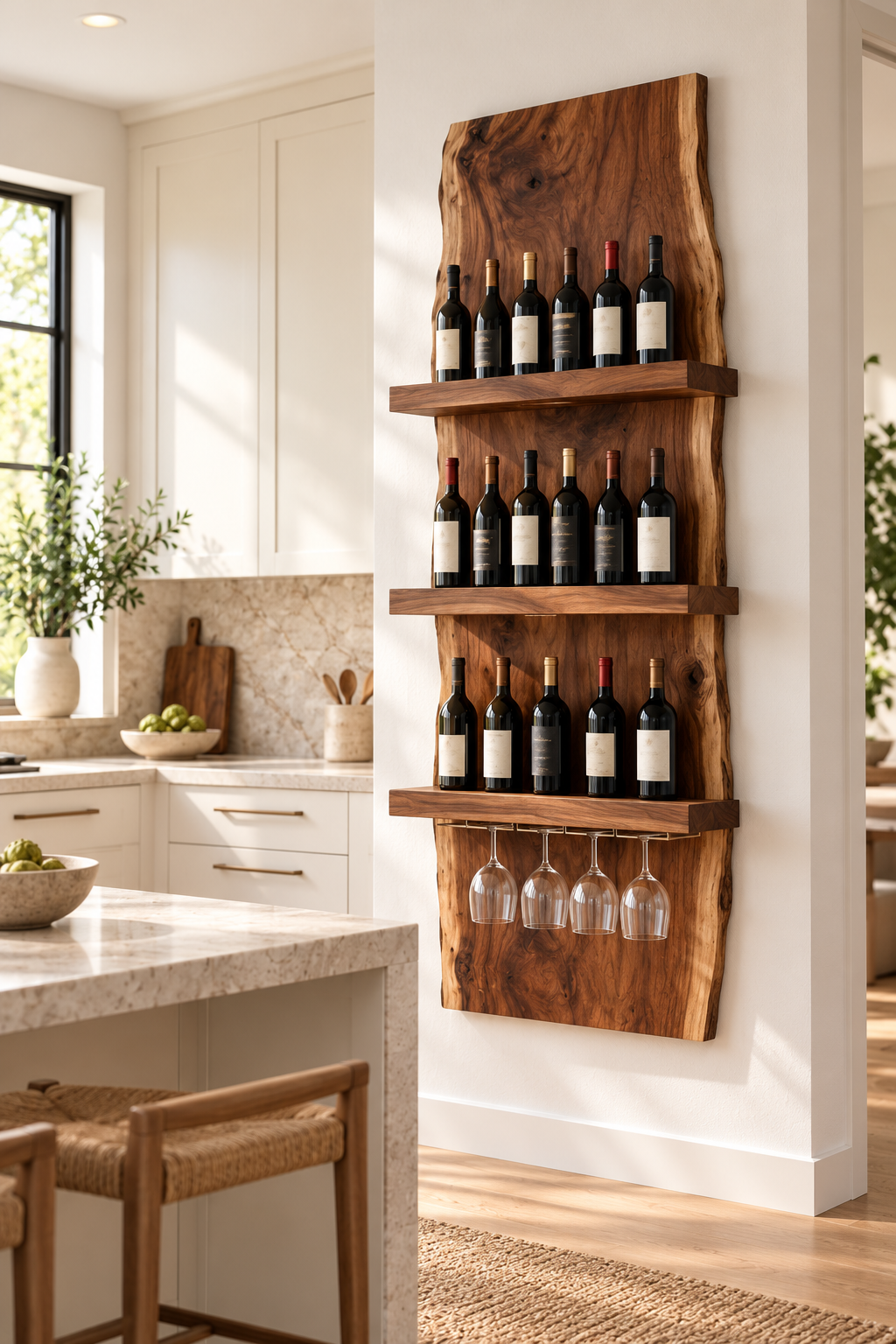 Walnut bottle display with three shelves and hanging wine glasses in a light neutral kitchen
