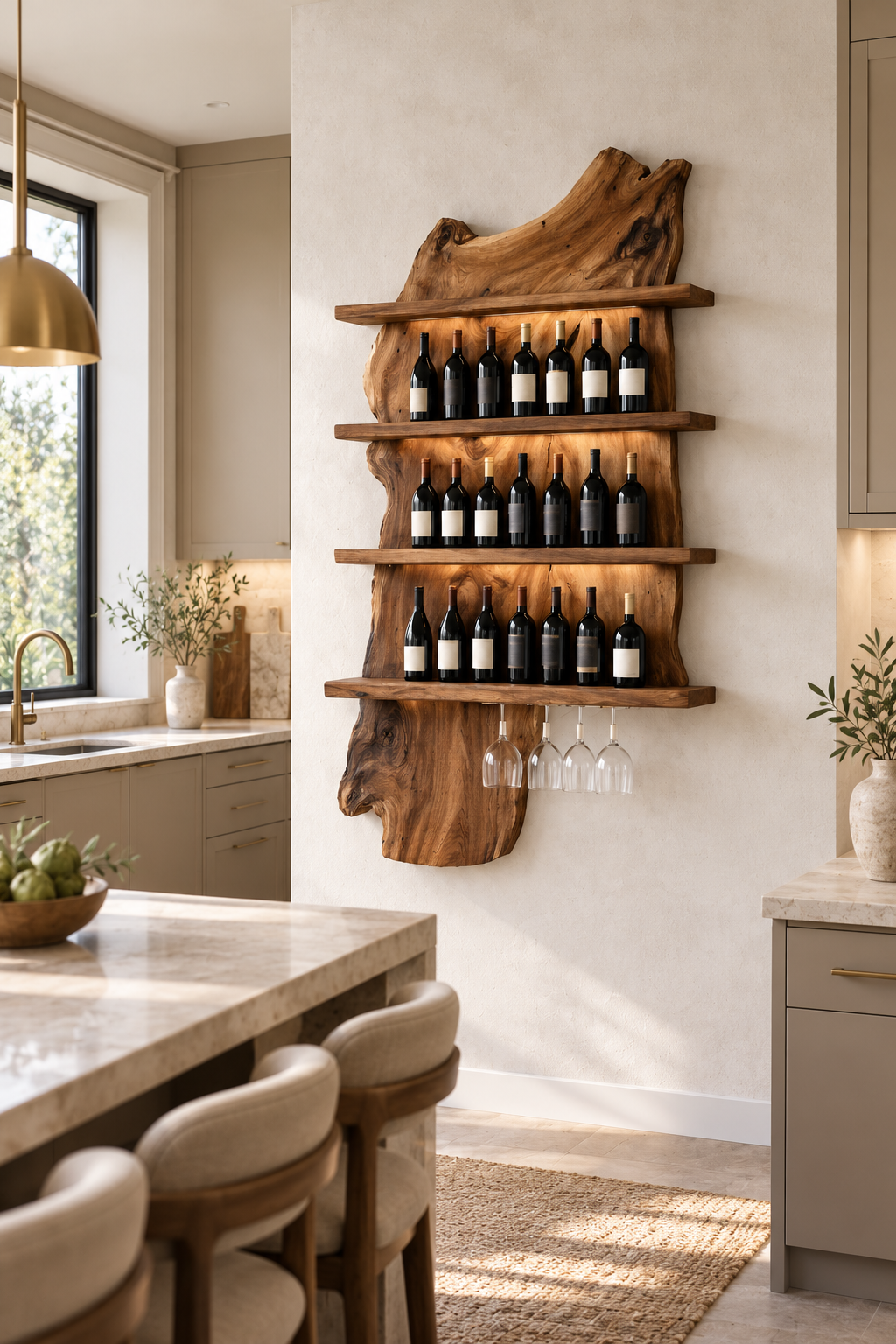 Live edge walnut wine rack with three bottle shelves displayed beside a bright kitchen island