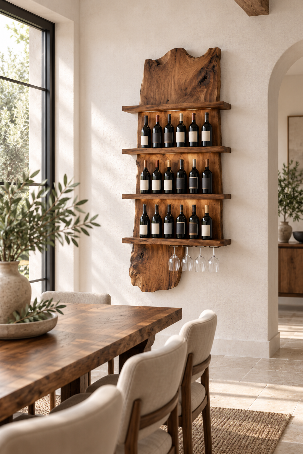 Tall walnut wine wall shelf with three rows of upright bottles and a natural live edge slab