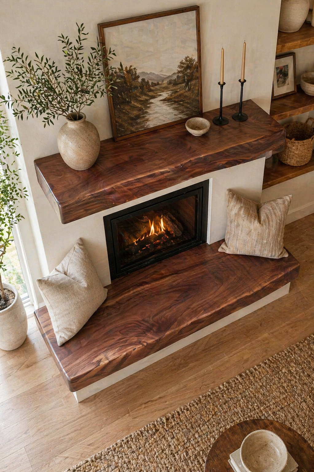walnut fireplace bench thick wood hearth seating rustic living room