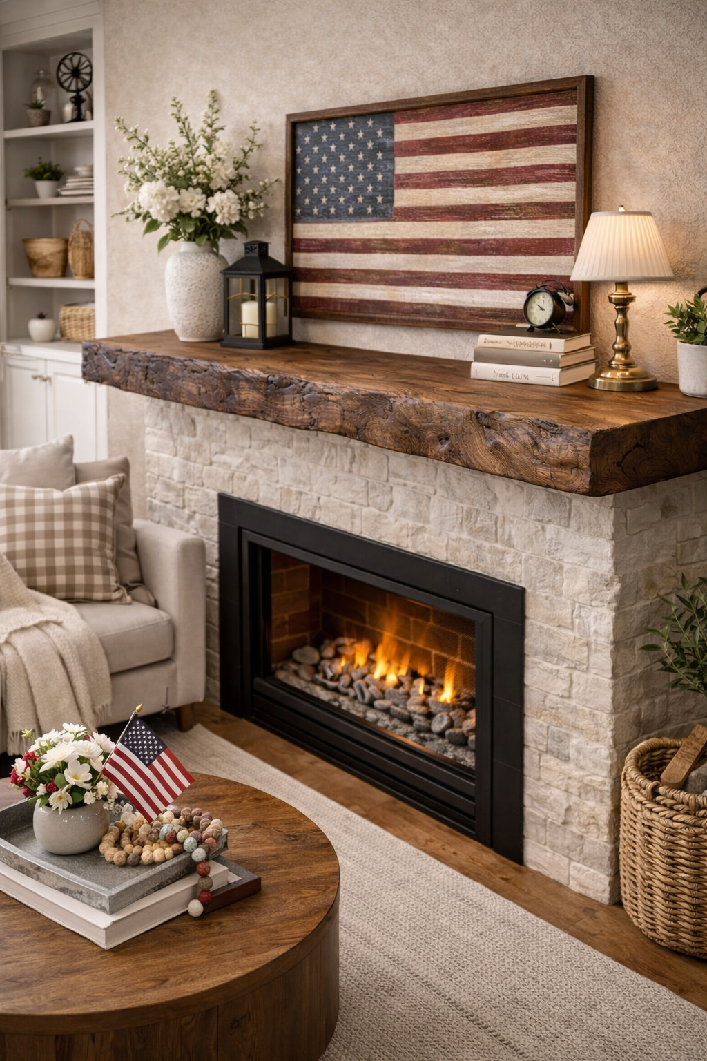 walnut fireplace mantel with American flag decor above modern fireplace