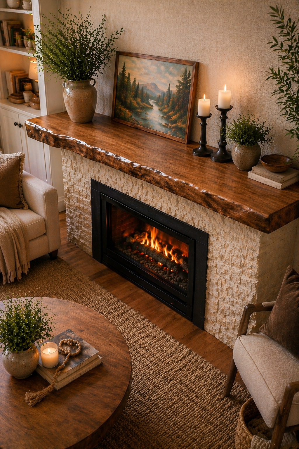 walnut stained alder mantel shelf organic edge floating wood design