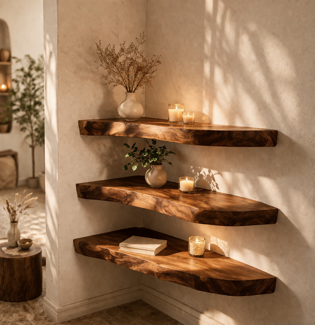 warm wood floating shelves ambient lighting cozy wall decor