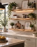 White oak live edge floating shelves in a bright modern kitchen
