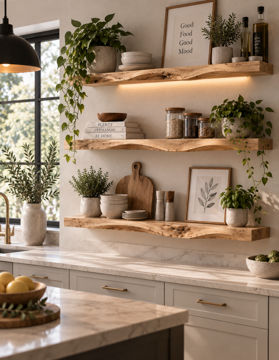 White oak live edge floating shelves in a bright modern kitchen
