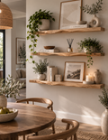 White oak floating shelves with smooth live edge in a warm living room