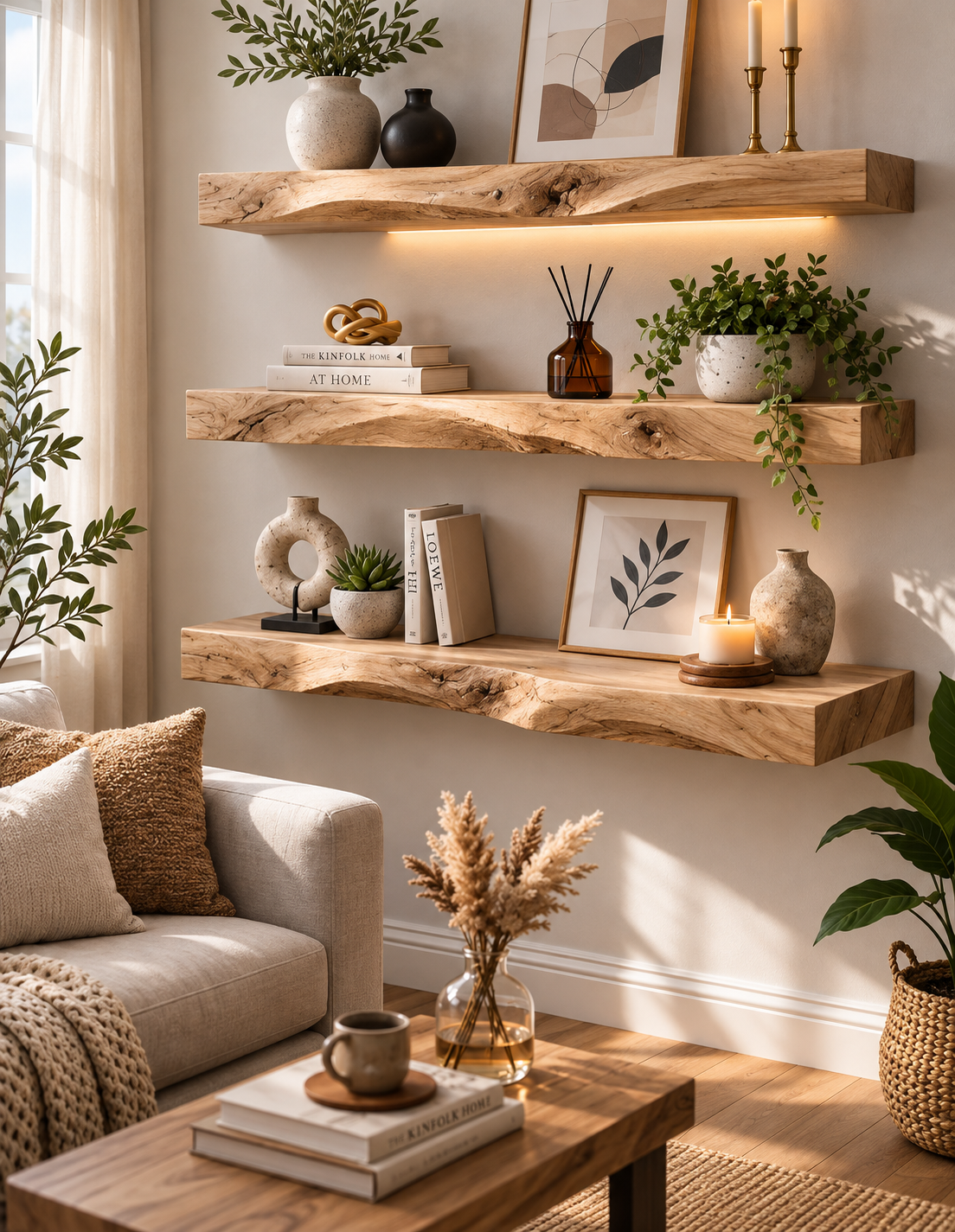 Natural white oak live edge floating shelves in a modern interior