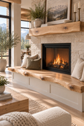 White oak hearth bench with live edge fireplace seating