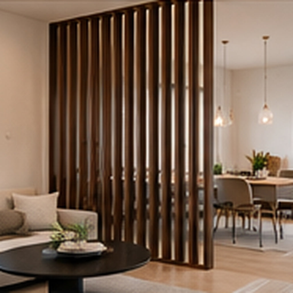 Wood slat room divider in a modern living interior