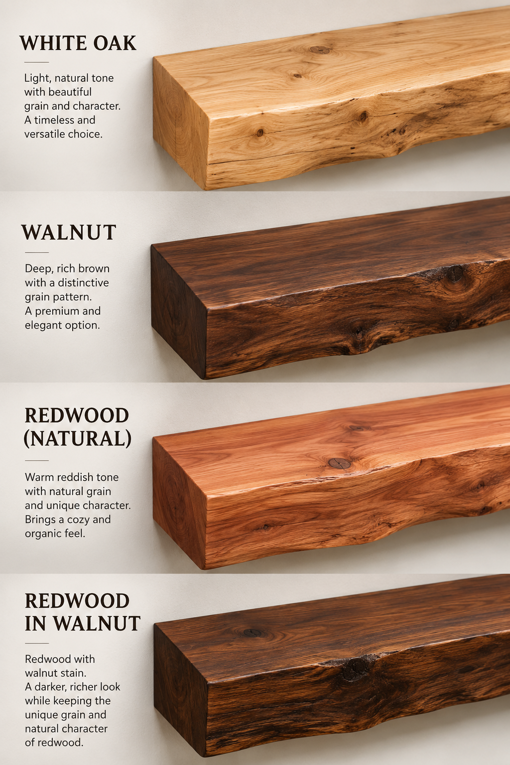 Wood species comparison: White Oak, Walnut, Natural Redwood, and Redwood with Walnut stain