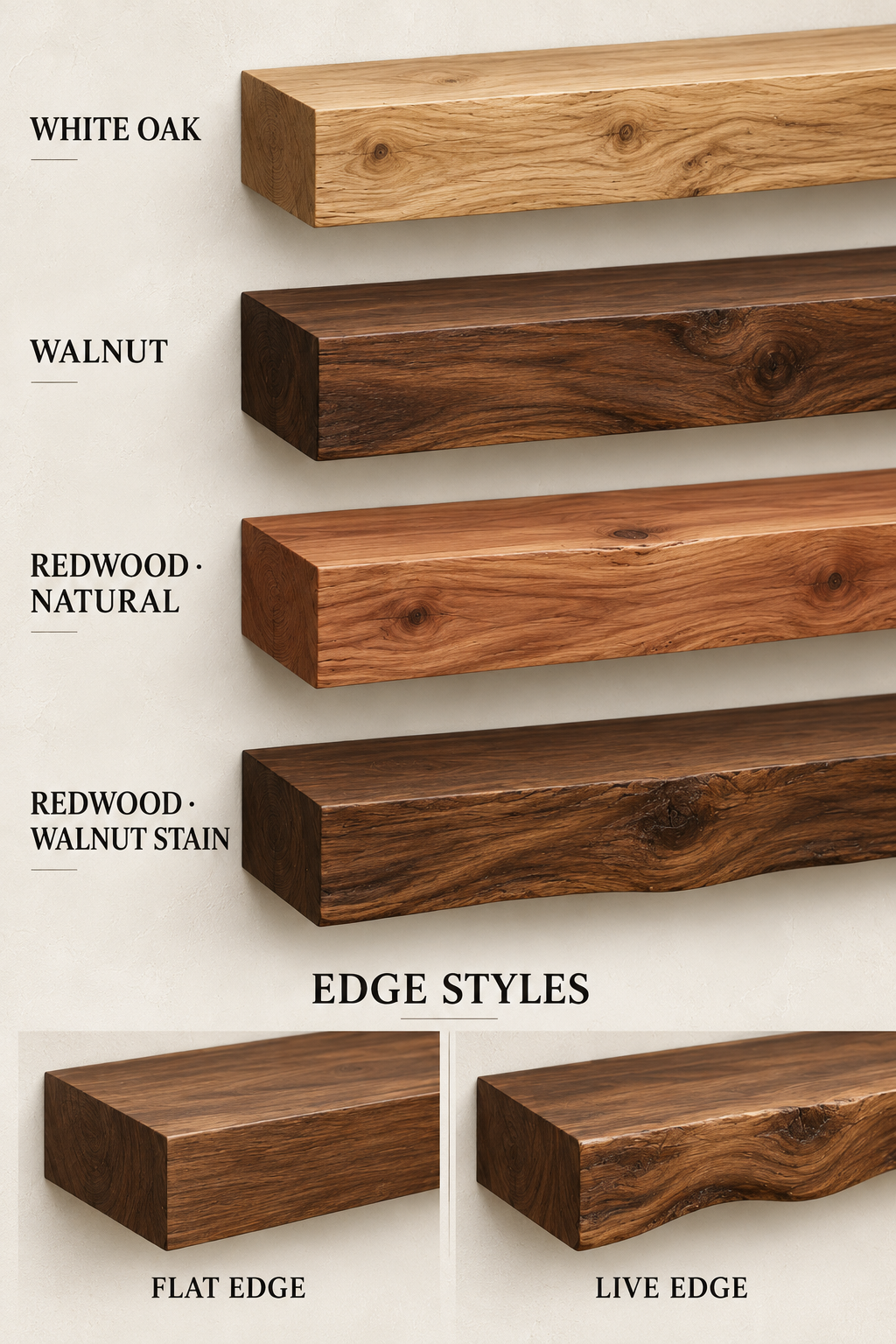 General wood species and edge style guide; this listing is walnut-stained redwood with a live edge