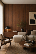 wood panel wall behind sofa neutral tones design