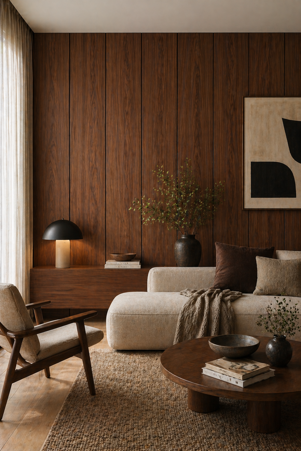 wood panel wall behind sofa neutral tones design