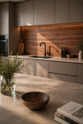 Modern kitchen with wooden backsplash and stone countertops