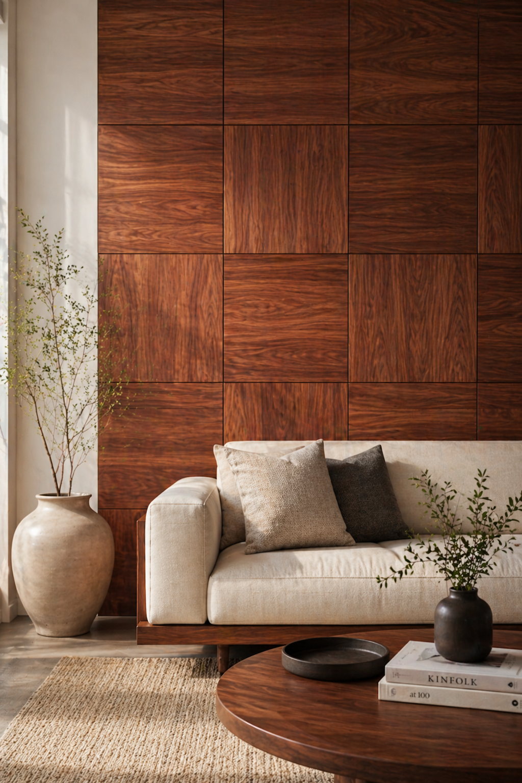 Living room with a wooden paneled wall, beige sofa, and decorative items.