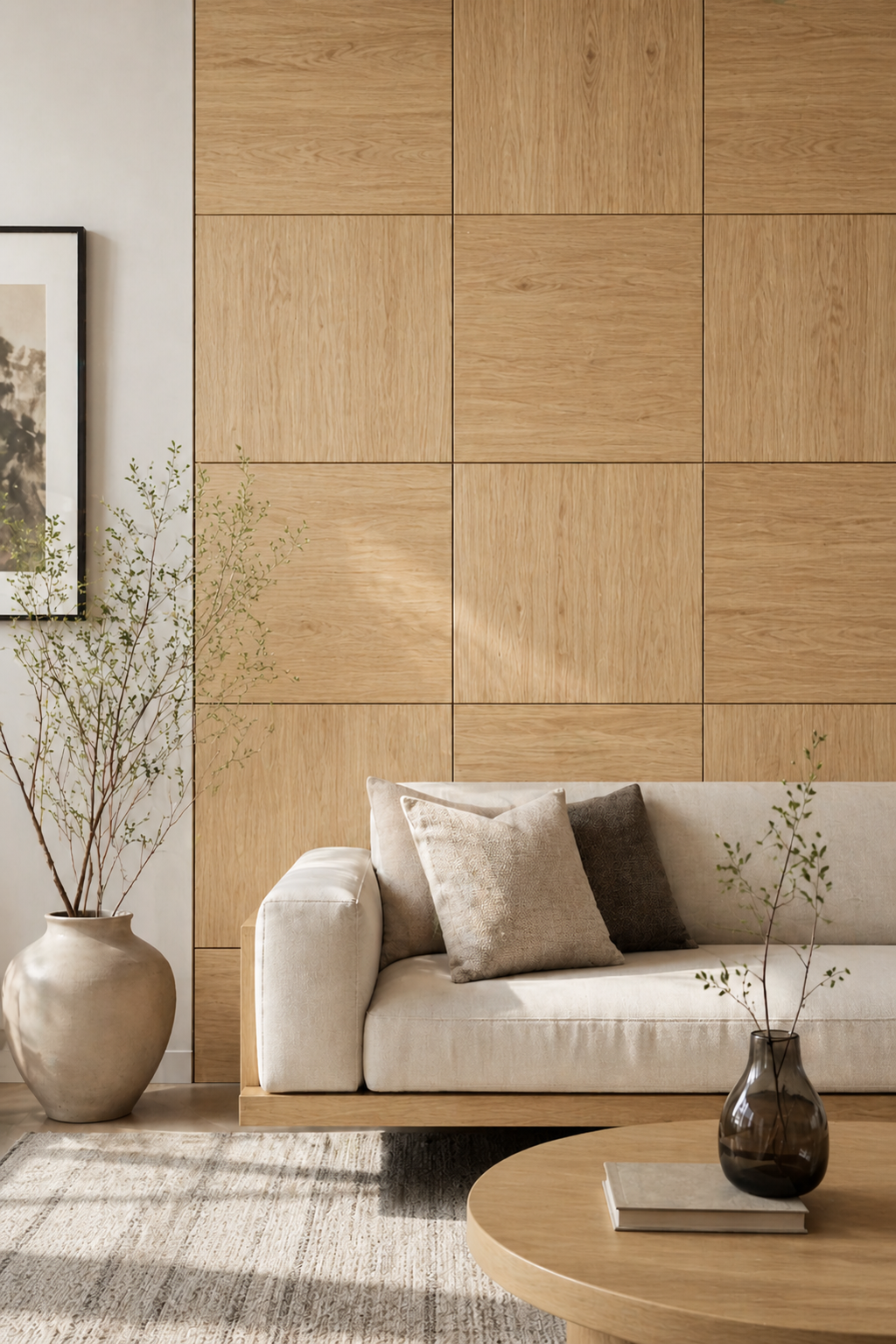 Modern living room with a beige sofa, wooden wall panels, and decorative elements.